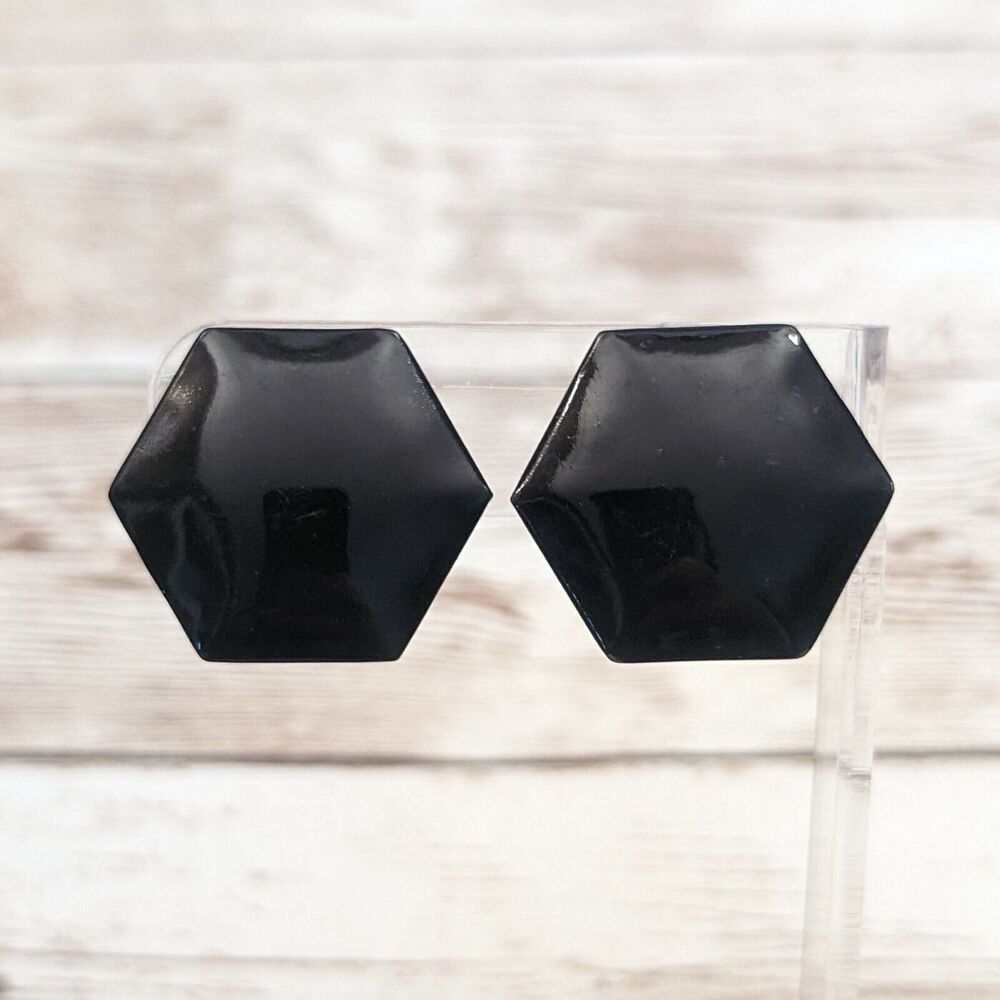 Vintage Clip On Earrings Large Black Hexagon Shape 1" Retro
